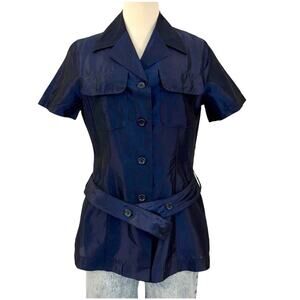 Pinko Short-Sleeve Button Down Belted Top Blouse Made in Italy Navy Blue Size 10